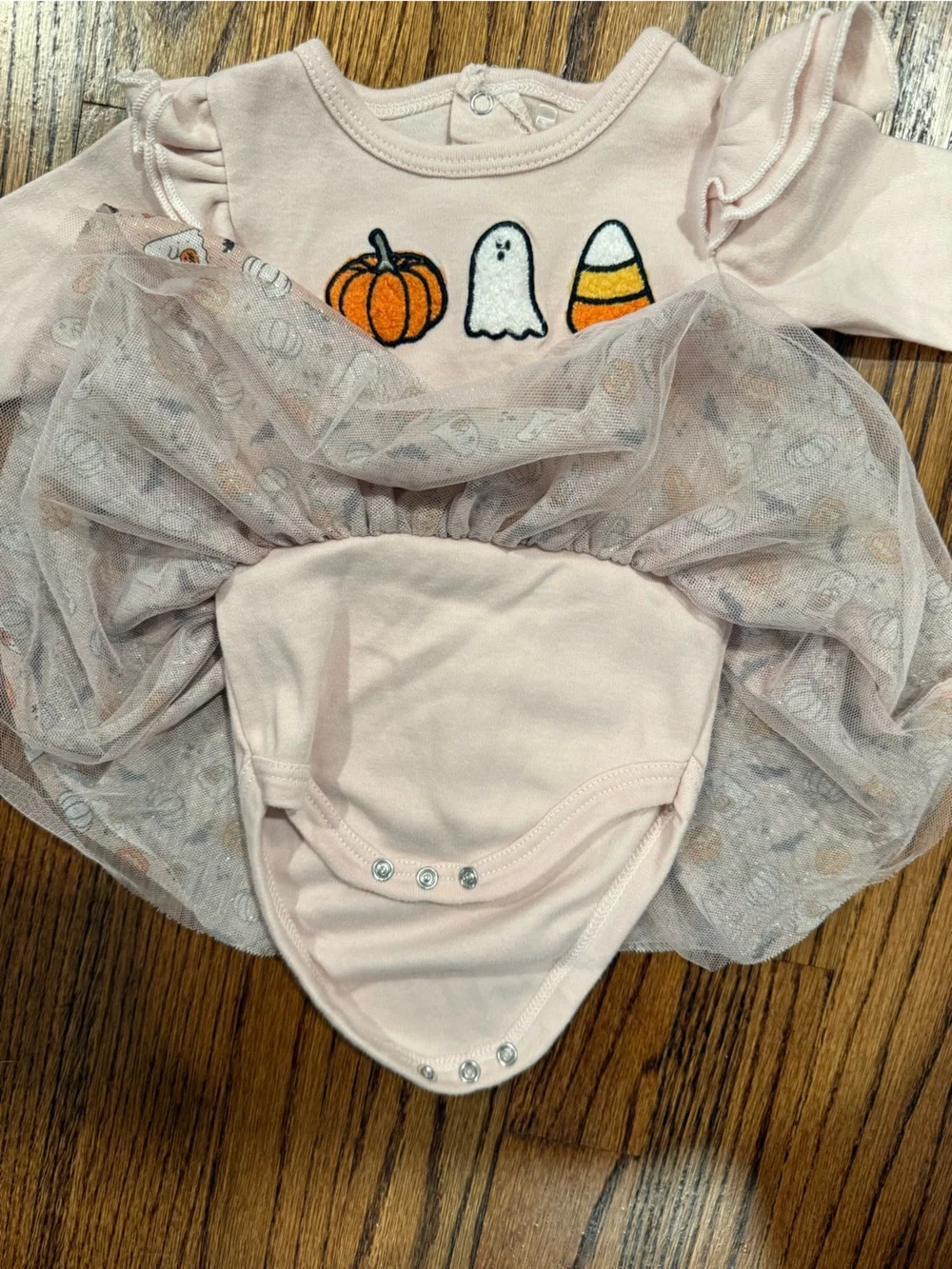 chick pea Light Pink Baby Dress with Pumpkin Embroidery and Sparkly Tulle Skirt